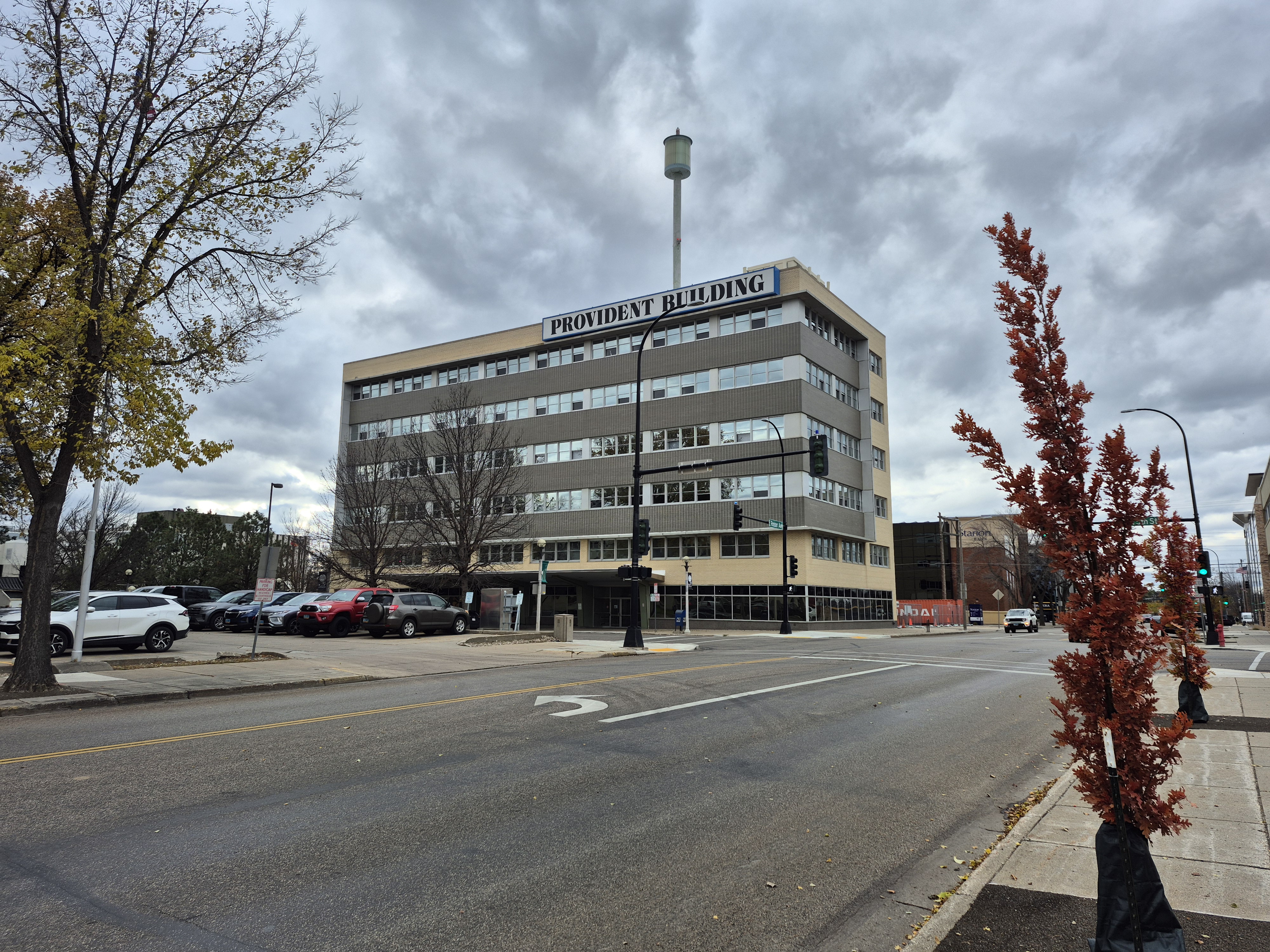 Street view of the Provident Building with weather beacon